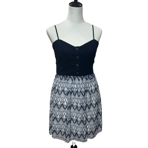 Trixxi Dress Large Mini Blue White Y2K Baby Doll Chevron Halter Beachy NWT - Picture 1 of 11